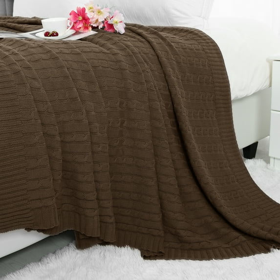 Super Soft Warm 100% Cotton Cable Knit Throw Blanket for Sofa Couch Bedding Home Brown 47 x 70 Inch