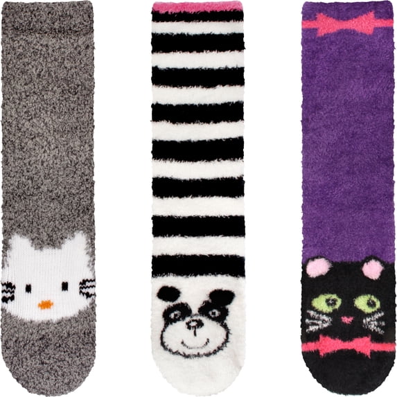 BambooMN Women's Super Soft Fuzzy Animal Crew Socks with Non-Slip Grips - Assortment 05 - Regular - 3 Pairs