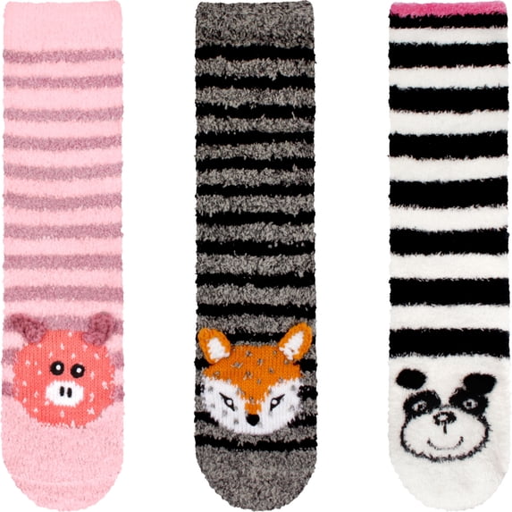 BambooMN Women's Super Soft Fuzzy Animal Crew Socks with Non-Slip Grips - Assortment 08 - Regular - 3 Pairs