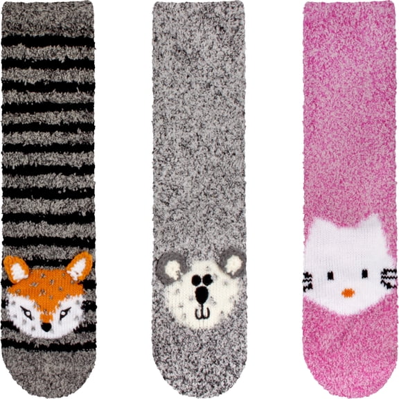 BambooMN Women's Super Soft Fuzzy Animal Crew Socks with Non-Slip Grips - Assortment 22 - Regular - 3 Pairs