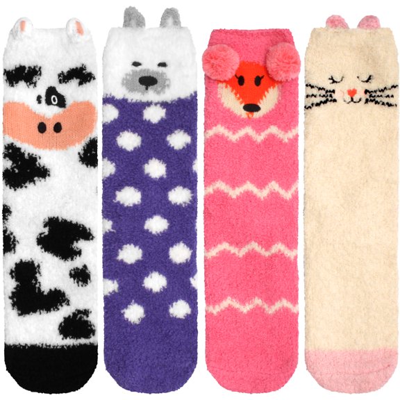 Super Soft Warm Cute Animal Non-Slip Fuzzy Crew Winter Socks - 4 Pairs - Assortment E