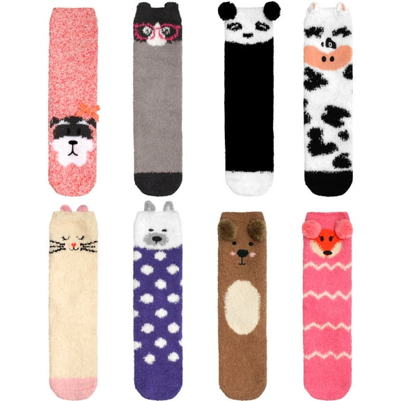 Super Soft Warm Cute Animal Non-Slip Fuzzy Crew Winter Socks - 8 Pairs - Assortment G
