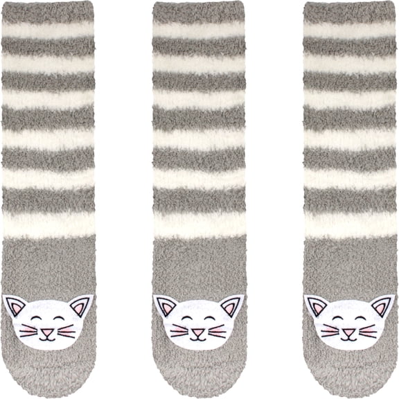 BambooMN Women's Super Soft Warm Cute Animal Non-Slip Fuzzy Fluffy Crew Winter Home Socks, Grey Cat Extra Large - 3 Pairs