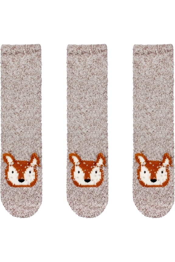 Women's Super Soft Warm Cute Animal Non-Slip Fuzzy Fluffy Crew Winter Home Socks, Grey Fox Extra Large - 3 Pairs