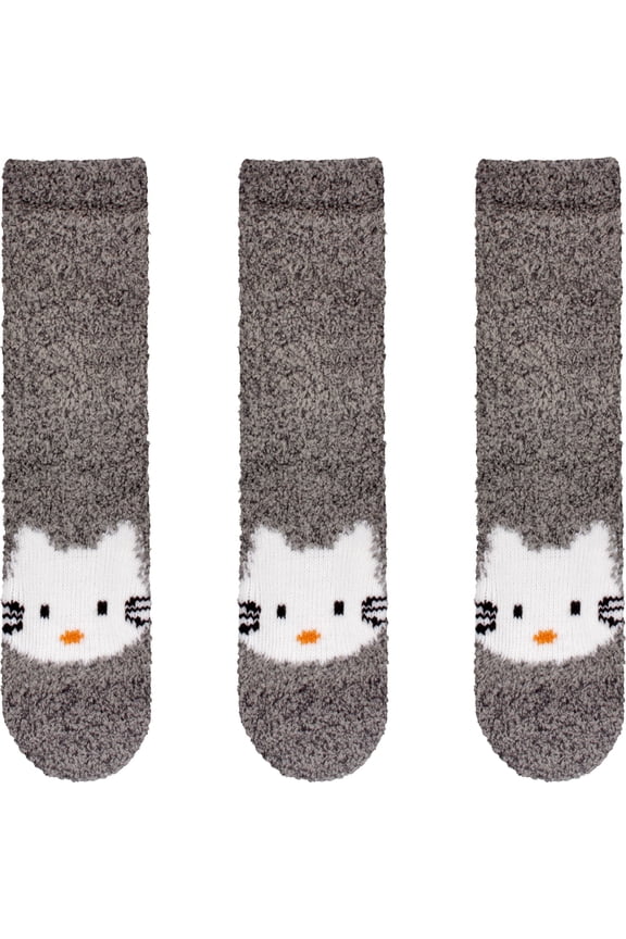 Women's Super Soft Warm Cute Animal Non-Slip Fuzzy Fluffy Crew Winter Home Socks, Grey Kitty Extra Large - 3 Pairs