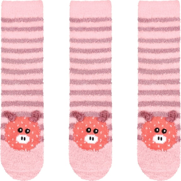 BambooMN Women's Super Soft Warm Cute Animal Non-Slip Fuzzy Fluffy Crew Winter Home Socks, Pink Pig Extra Large - 3 Pairs