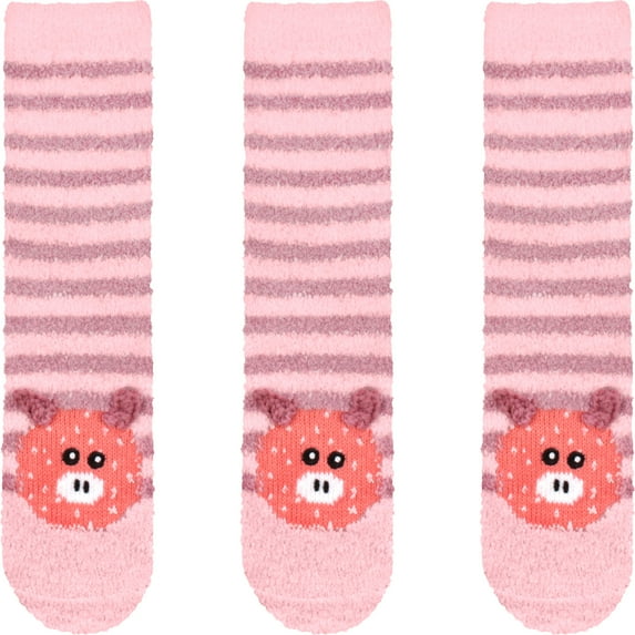 BambooMN Women's Super Soft Warm Cute Animal Non-Slip Fuzzy Fluffy Crew Winter Home Socks, Pink Pig Extra Large - 3 Pairs