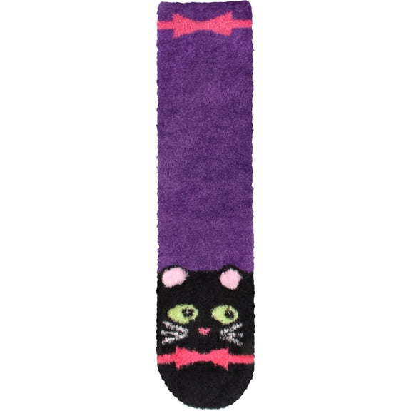 BambooMN Women's Super Soft Warm Cute Animal Non-Slip Fuzzy Fluffy Crew Winter Home Socks, Purple Cat - 1 Pair