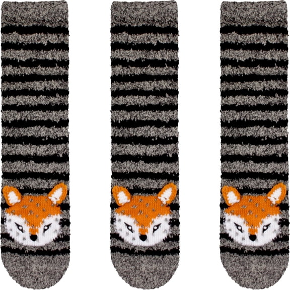 BambooMN Women's Super Soft Warm Cute Animal Non-Slip Fuzzy Fluffy Crew Winter Home Socks, Stripe Fox Extra Large - 3 Pairs