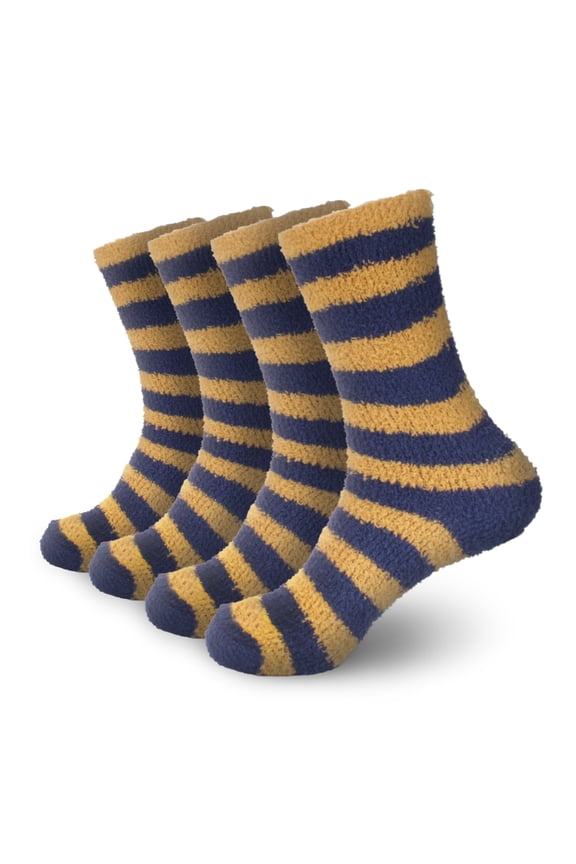 BambooMN Super Soft Fuzzy Team Spirit Striped Socks - 11 Blue & Gold - 4 Pairs