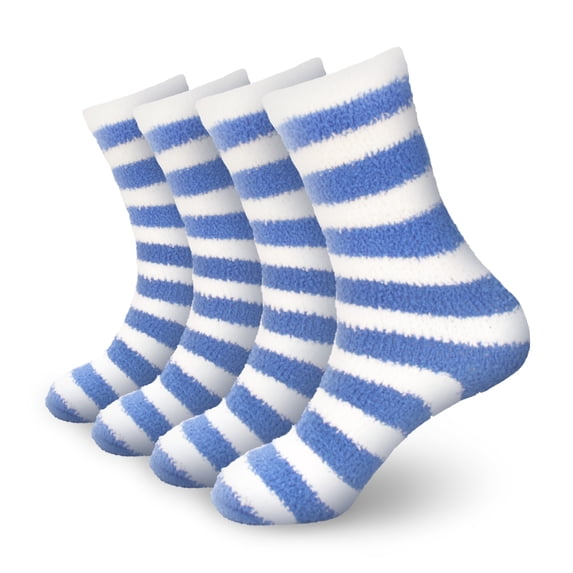 BambooMN Super Soft Fuzzy Team Spirit Striped Socks - 09 Blue & White - 4 Pairs