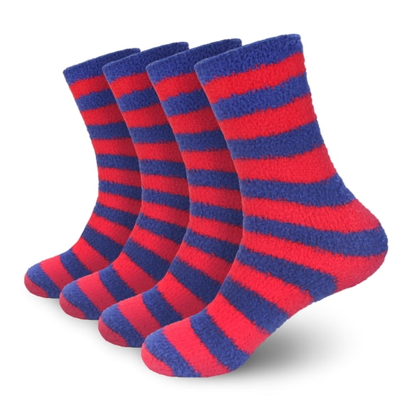 BambooMN Super Soft Fuzzy Team Spirit Striped Socks - 17 Red & Blue - 4 Pairs