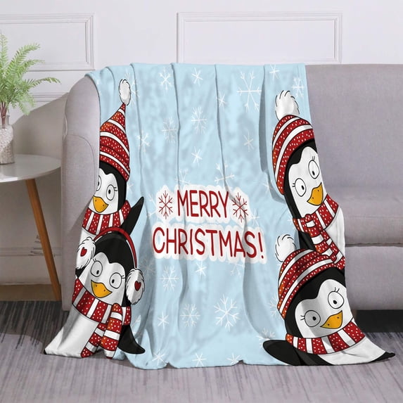 Super Soft Warm Throw Blanket for Bed Couch Sofa, 60" X 80" Blanket for Kids Adults All Season, Christmas Pattern with Cute Penguins with Hat and Scarf on Snowflakes Background