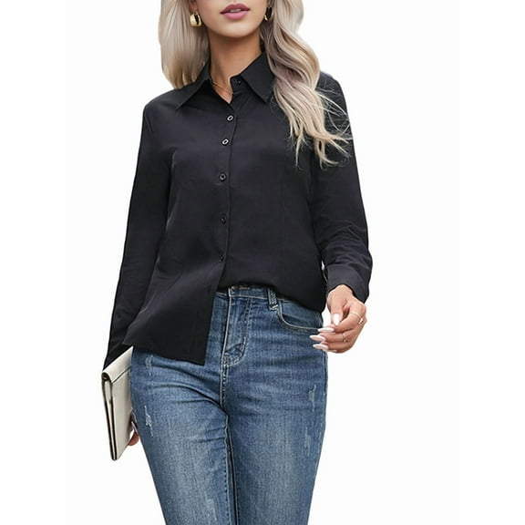 Super Soft Wrinkle Free Button Down Shirts for Women Solid Long Sleeve Striped Formal Work Dress Blouses Tops Black L