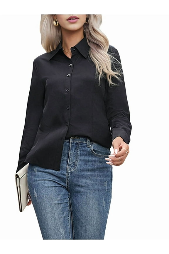Super Soft Wrinkle Free Button Down Shirts for Women Solid Long Sleeve Striped Formal Work Dress Blouses Tops Black M