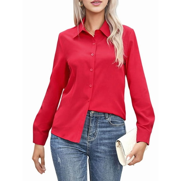Super Soft Wrinkle Free Button Down Shirts for Women Solid Long Sleeve Striped Formal Work Dress Blouses Tops Red S