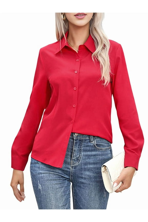 Super Soft Wrinkle Free Button Down Shirts for Women Solid Long Sleeve Striped Formal Work Dress Blouses Tops Red XL