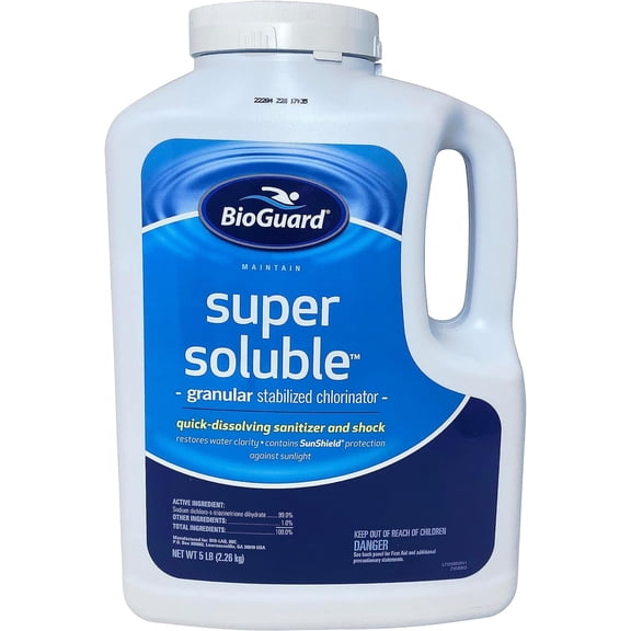BioGuard Super Soluble Chlorine, 5 lb, Granular Stabilized Chlorinator, Quick-Dissolving, Restores Water Clarity & Contains Sunshield Protection