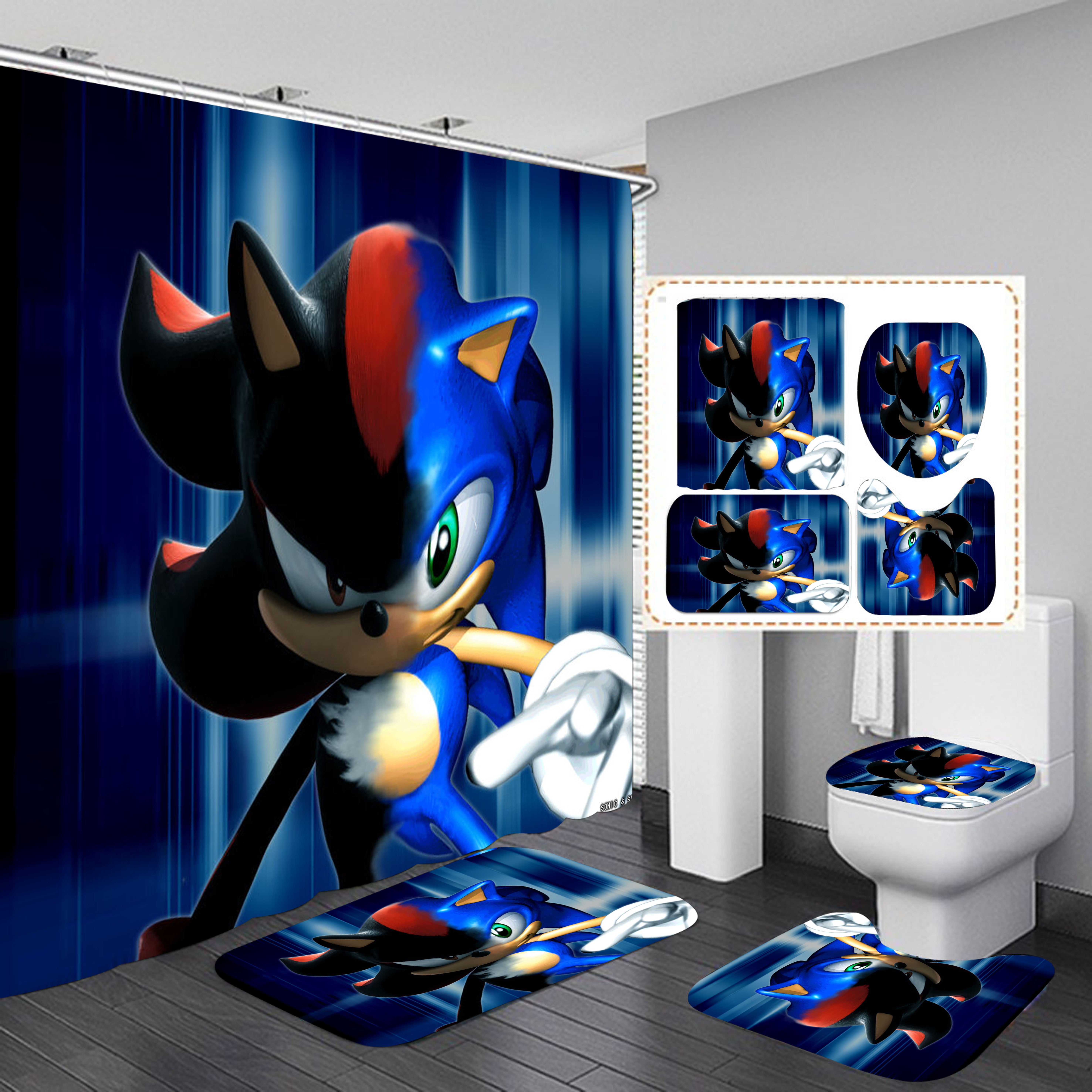 Super Sonic Shower Curtain Bathroom 4 Pieces Set Toilet Lid Cover and Bath Mat, Non-Slip Rugs Durable and Waterproof, for Bathroom Decor Set, 72" x 72"