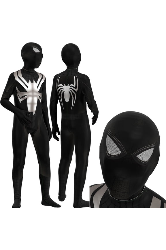 Super Spider Hero Costume, Super Spider Hero Cosplay, Super Spider Hero Stretch Dark Hero Outfit, Black Silver Super Spider Hero Full Body Hero Jumpsuit With Separate Face Mask, 150