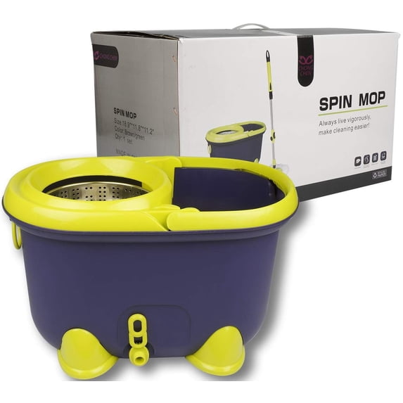 Super Spin 360° Mop with Wheeled Bucket and 2 Mop Heads Stainless Steel Plate 4WD All-Round Drag