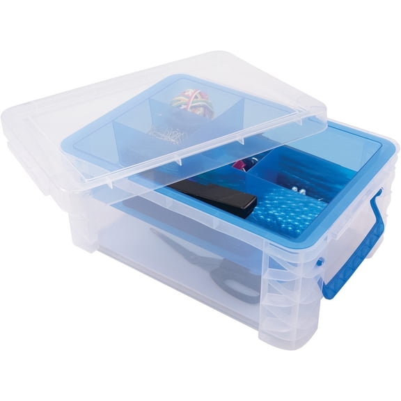 Super Stacker Divided Storage Box, 6 Sections, 10.38" X 14.25" X 6.5", Clear/blue