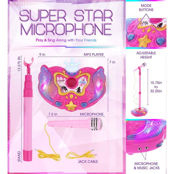 Super Star Kids Karaoke Machine with Microphone Stand Playset - Pink Microphone with Stand with Built-in Jack and Speaker for MP3 Player, Singing Toys for Girls and Boys with Music and Light