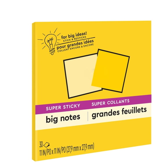 Super Sticky Big Notes, 11x11 Inches Large Sticky Notes Pad, Extra Strong Adhesive for Office, Classroom, Brainstorming, Project Management, Bright Yellow