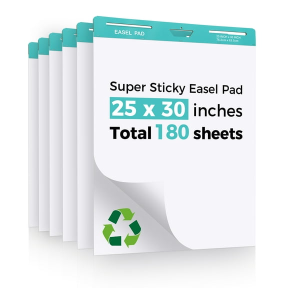 Super Sticky Easel Pad25x30 Inch Self-Adhesive Teacher'S Flip Chart Paper, Easel Pad with Dry Erase Surface for Classroom/Office, White, 30 Sheets/Pad, 6 Pads/Pack