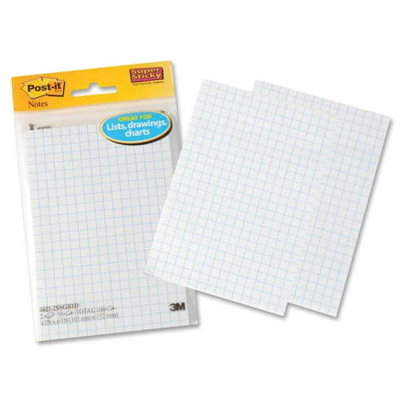 Post-it Super Sticky Notes, White with Blue Grid, 4 in x 6 in, 2 Pads