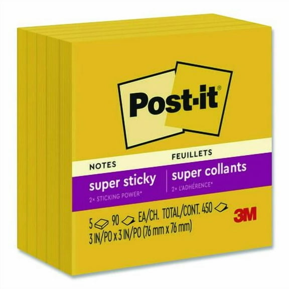 Super Sticky Note Pads in Playful Primary Colors, 3 x 3, Sunnyside, 90 Sheets/Pad, 5 Pads/Pack | Bundle of 2
