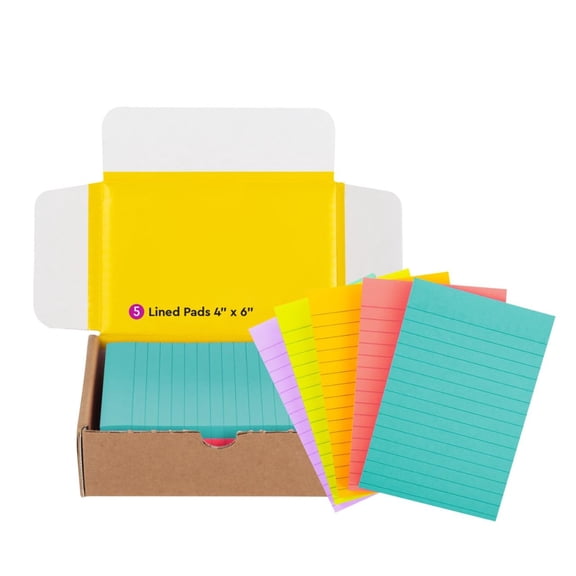 Super Sticky Notes, 5 Pads of 4x6 Inch Lined Sticky Notes, 2X Sticking Power, Office Supplies, Essentials, Vertical Surface Notes for Walls, Windows, Monitors, Bright Colors Multicolor