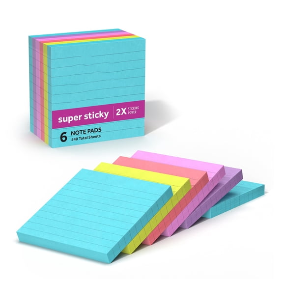 Super Sticky Notes, 6 Pads of 4x4 Inch Lined Sticky Notes, 90 Sheets Per Pad, 2X Sticking Power, Office Supplies, Essentials, Classroom Organization, Multicolor
