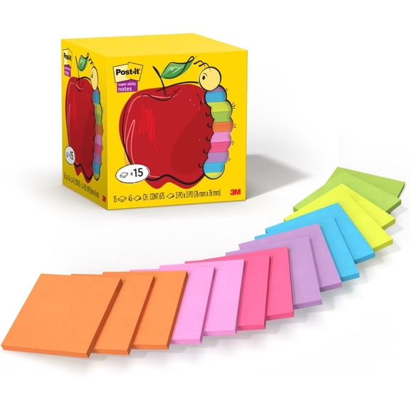 Super Sticky Notes, Assorted Bright Colors, 3x3 in, 15 Pads/Pack, 45 Sheets/Pad, 2X The Sticking Power, Recyclable, Apple Pack