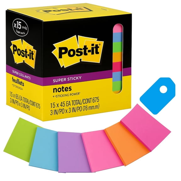 Super Sticky Notes, Assorted Bright Colors, 3x3 in, 15 Pads/Pack, 45 Sheets/Pad, 2X The Sticking Power, Recyclable, Multi-Color 65415SSCP