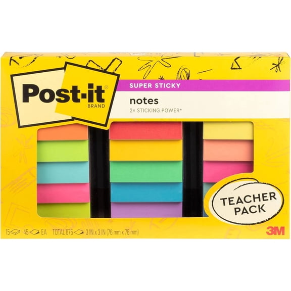 Super Sticky Notes Teacher Pack, Assorted Colors, 3 in. x in., 15 Pads, 45 Sheets/Pad (654-15SSBTS-SR)
