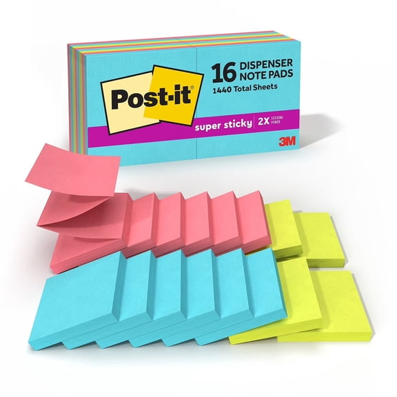 Super Sticky Pop-up Notes, 3" x 3", Supernova Neons Collection, 16 Pack, 1,440 Total Sheets