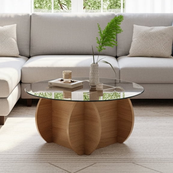 Super Store 30.7" Round Glass Coffee Table with Wooden Base, Modern Living Room Center Table,Natural Wood