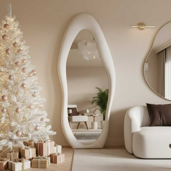 Super Store 63"x 24" Irregular Full Length Mirrors - Full Body Flannel Wrapped Wooden Mirror Leaning and Hanging for Bedroom Living Room,White