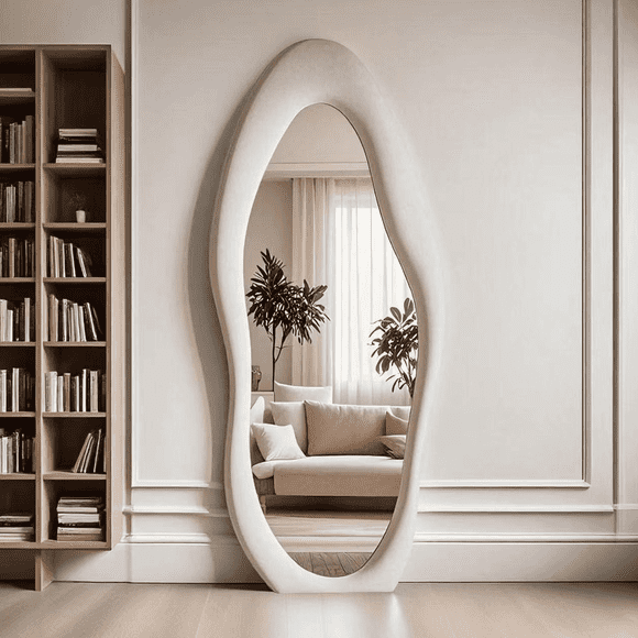 Super Store 63"x 24" Irregular Full Length Mirrors - Full Body Flannel Wrapped Wooden Mirror Leaning and Hanging for Bedroom Living Room,White