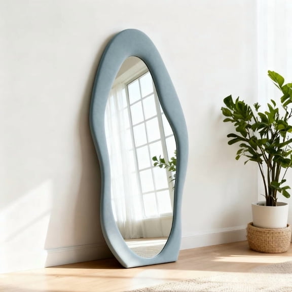 Super Store 63"x 24" Irregular Full Length Mirrors - Full Body Flannel Wrapped Wooden Mirror Leaning and Hanging for Bedroom Living Room,Blue