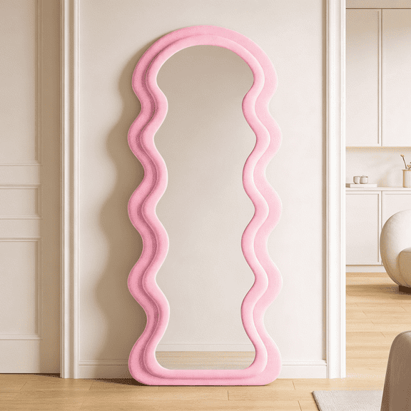 Super Store 63"x 24" Wavy Full Length Mirror, Arch Standing and Leaning Mirror Full Body, Flannel Wrapped Wooden Frame for Living Room Bedroom,Pink