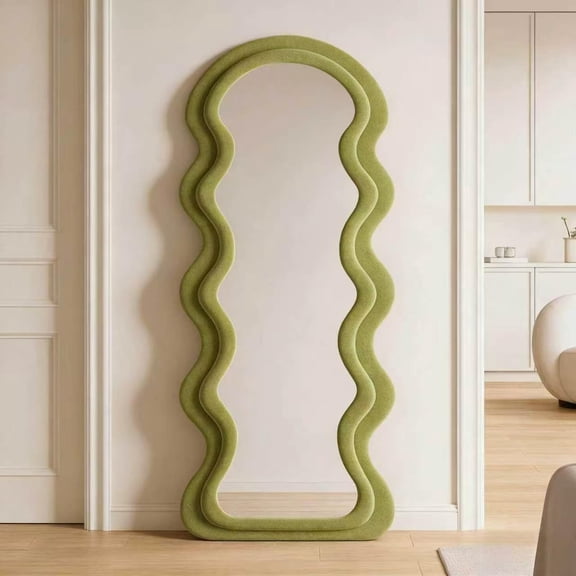 Super Store 63"x 24" Wavy Full Length Mirrors, Arch Standing and Leaning Mirror Full Body, Flannel Wrapped Wooden Frame for Living Room Bedroom,Green