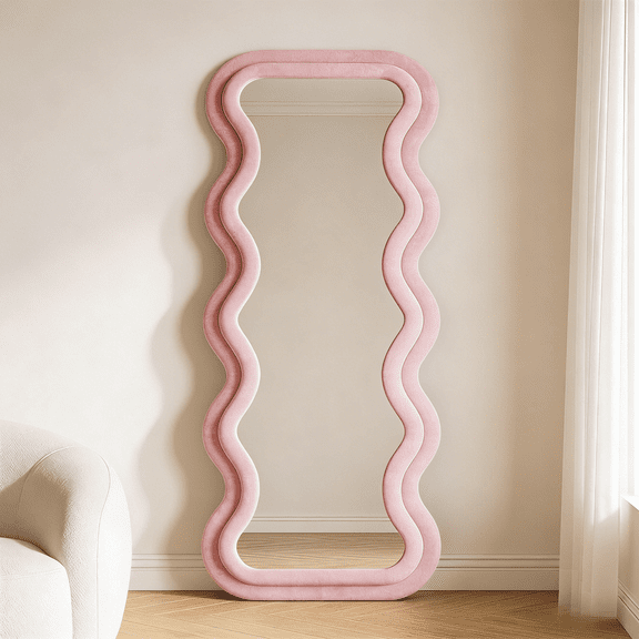 Super Store 63"x 24" Wavy Full Length Mirrors,Rectangle Leaning and Standing Full Body,Flannel Wrapped Frame for Dressing Bedroom Living Room,Pink