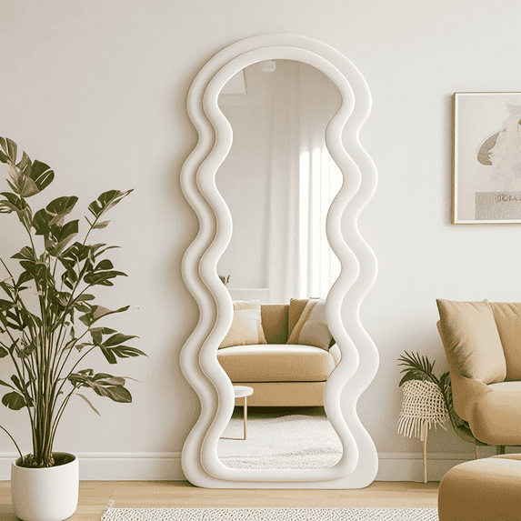Super Store 63"x 24" Wavy Full Length Mirrors, Arch Standing and Leaning Mirror Full Body, Flannel Wrapped Wooden Frame for Living Room Bedroom,White