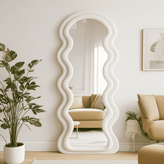 Super Store 63"x 24" Wavy Full Length Mirrors, Arch Standing and Leaning Mirror Full Body, Flannel Wrapped Wooden Frame for Living Room Bedroom,White
