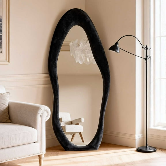 Super Store 63"x 24" Irregular Full Length Mirrors - Full Body Flannel Wrapped Wooden Mirror Leaning and Hanging for Bedroom Living Room,Black