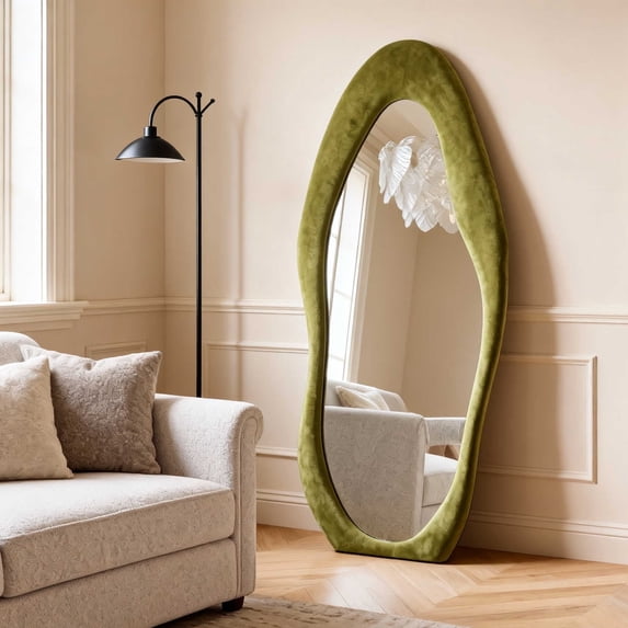Super Store 63"x 24" Irregular Full Length Mirrors - Full Body Flannel Wrapped Wooden Mirror Leaning and Hanging for Bedroom Living Room,Green