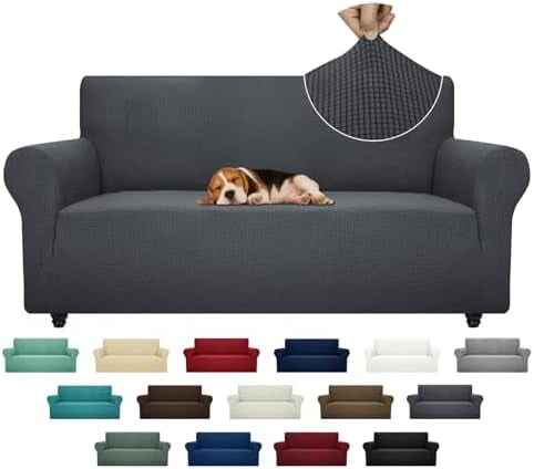 Super Stretch Couch Cover (72"-92") Universal Sofa Covers with Elastic Bottom, Dog Cat Pets Friendly Washable Furniture Protector Fitted Sofa Slipcovers Stay in Place (Dark Grey, Sofa)