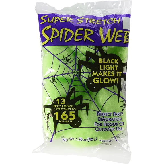 Fun World Spider Web Super Stretch Halloween Decoration Glows in Black Light 13 ft Long, Covers Up to 165 Sq Ft Indoor & Outdoor Use